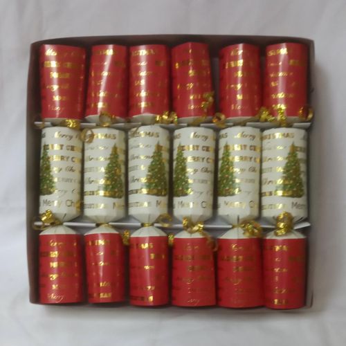 CHRISTMAS CRACKERS  6PCS RED/WHITE W GOLD TREE