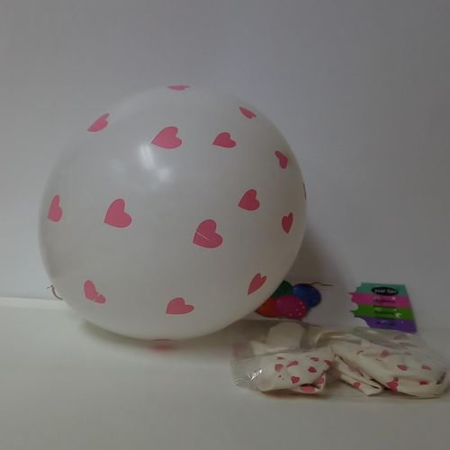 BALLOONS ROUND WHITE WITH PINK HESRTS 10PCS