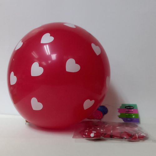 BALLOONS ROUND RED WITH WHITE HEARTS 10PCS