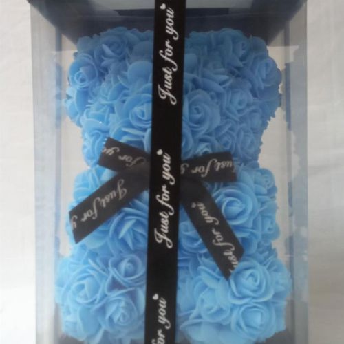 ROSE TEDDY BLUE WITH BLACK BOW