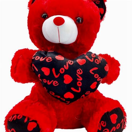 RED TEDDY WITH BLACK LOVE HEART PILLOW