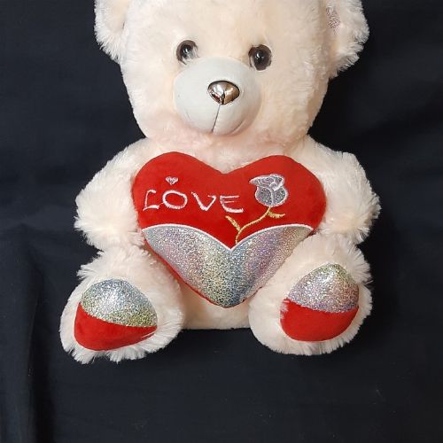 CREAM TEDDY WITH SILVER HEART PILLOW