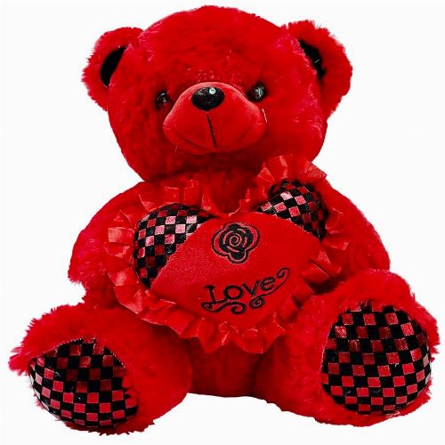 RED TEDDY WITH BLACK/RED LOVE FRILLED HEART